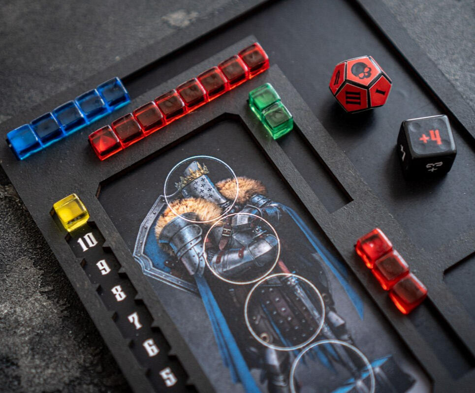 Image of a board game player board with some unique gaming dice and cubes